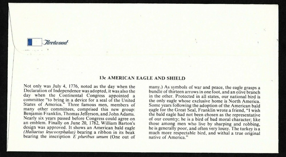 #1596 13c Eagle & Shield - Fleetwood FDC