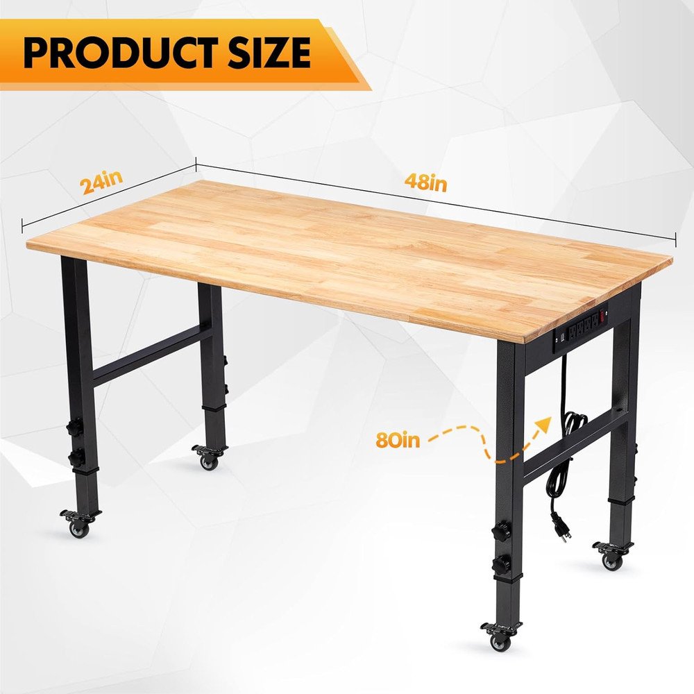 48" Height Adjustable Workbench, 2000 LBS Load Capacity Rubber Wood Top Workstat
