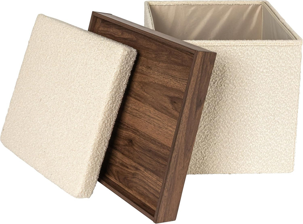 Versatile Boucle Ottoman with Hidden Storage, Cream