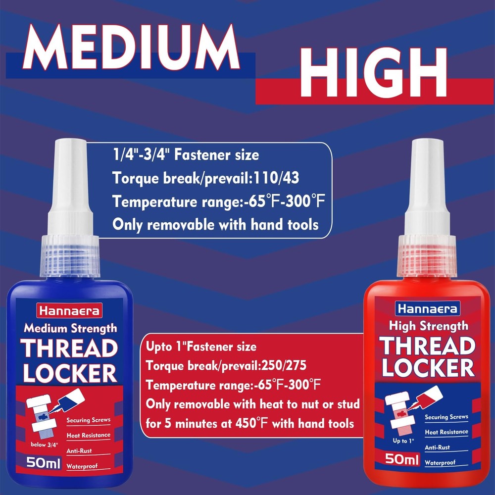 Thread Lock Blue and Red, Threadlocker Medium and High Strength, Thread Locke...