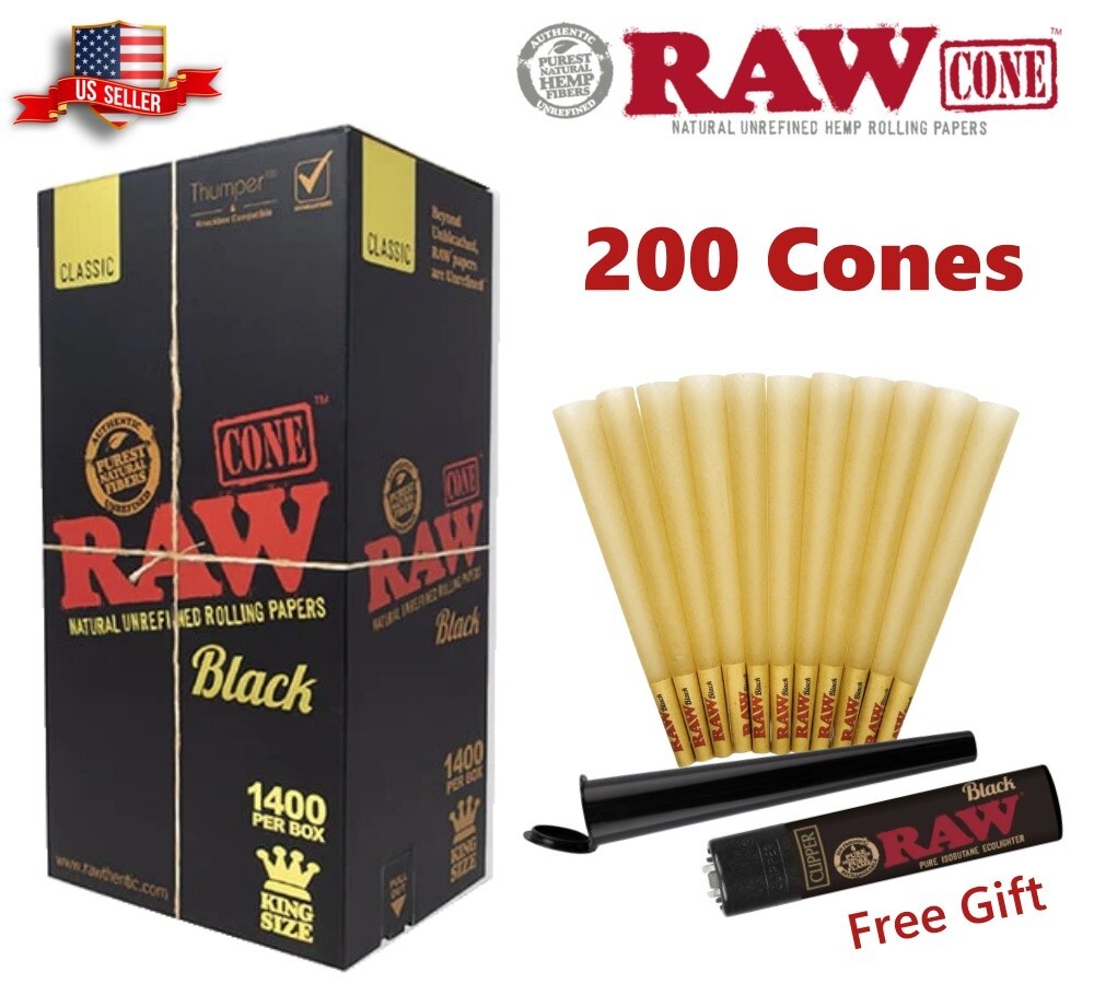 Authentic RAW Black King Size Pre-Rolled Cone 200 Pack & Clipper Lighter & Tubes