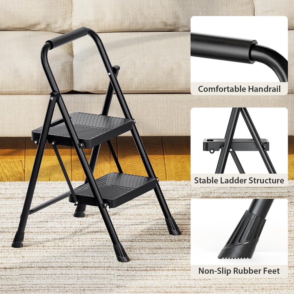 Urackify 2 Step Ladder, Portable Folding Ladder for 2 Black