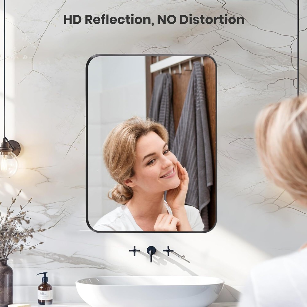 Bathroom Wall Mirror with Metal Frame Rounded Corners Hanging Vanity Mirror