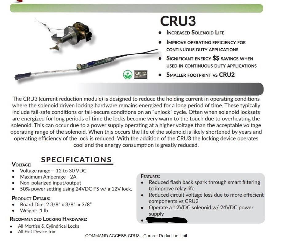 Command Access CAT CRU-3 Current Reduction Unit Mortise Cylindrical Locks