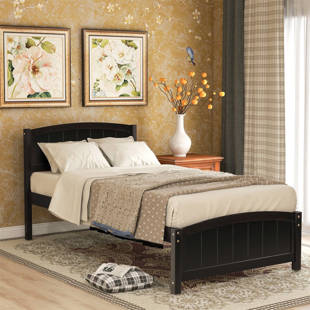 Twin Size Bed Frame Wood Platform Bed Frame with Headboard White/Gray/Espresso