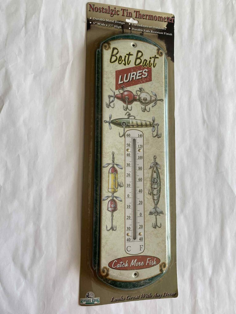NOSTALGIC TIN THERMOMETER BEST BAIT LURES 17” LENGTH X 5” WIDTH Temperature NEW