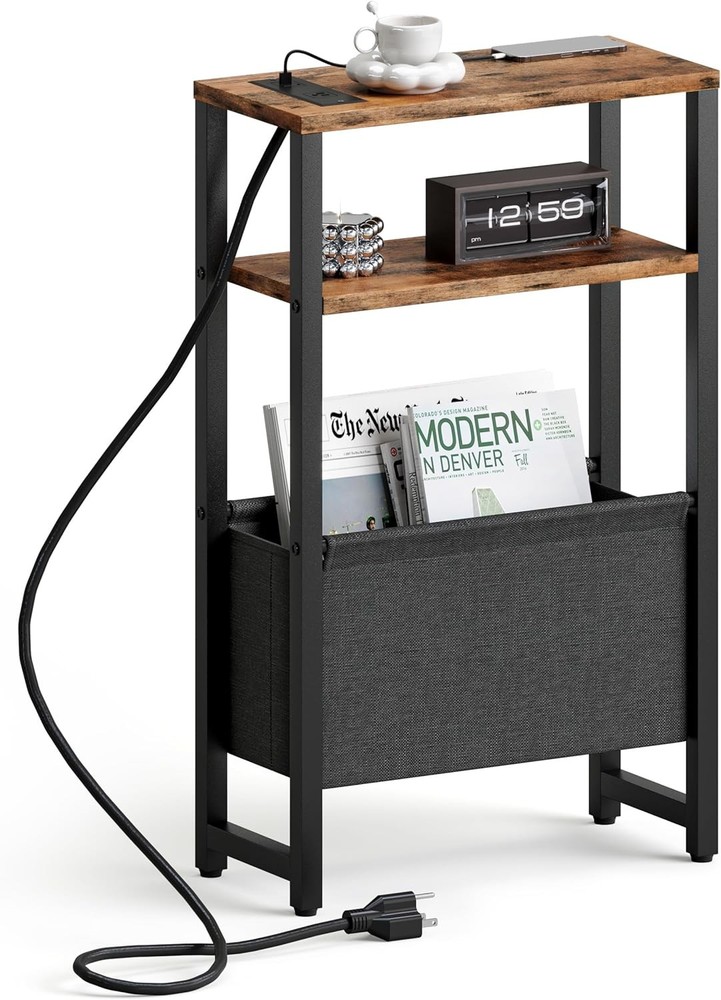 Narrow Side Table with Charging Stat Slim End Table Sofa with Magazine