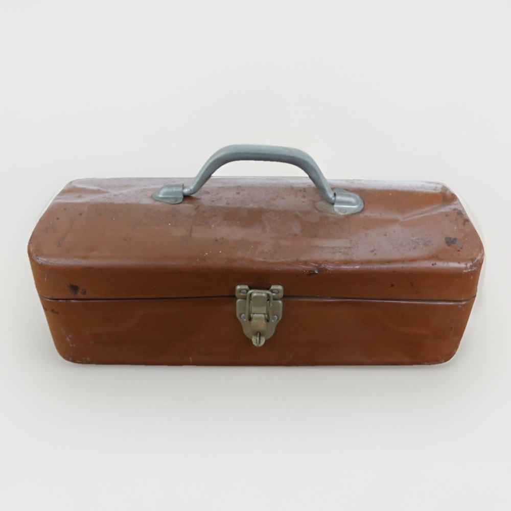 Brown Vintage Metal Toolbox With Lock And Handle Inside Trays For Tools Or Art