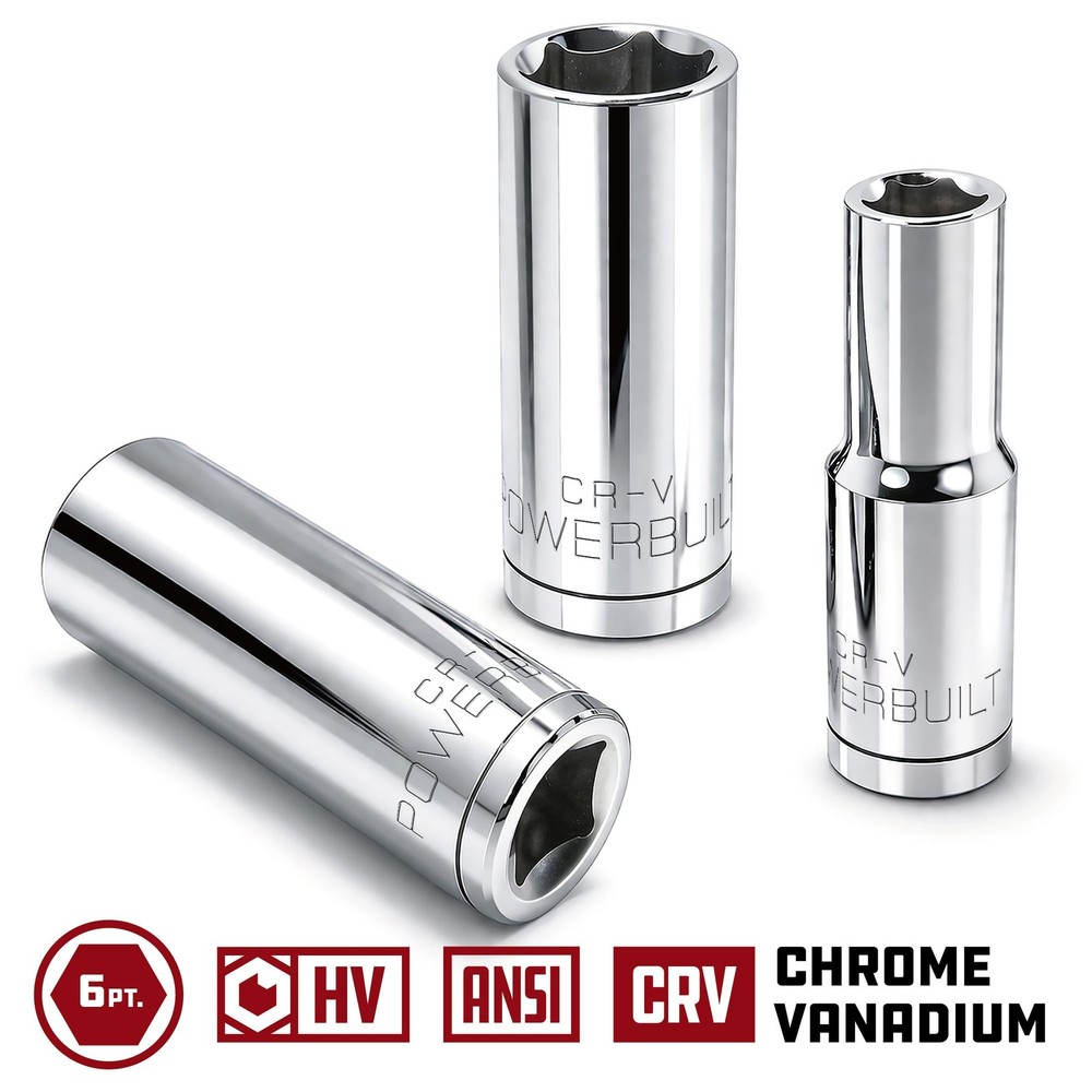 Powerbuilt 1/2 Inch Drive x SAE Deep Socket, 6 Point, 1/2", Silver