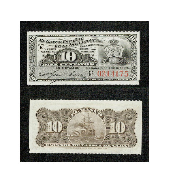 ALFONSO XIII SPANISH BANKNOTE 1897 10 cent 0314175. UNCIRCULATED.