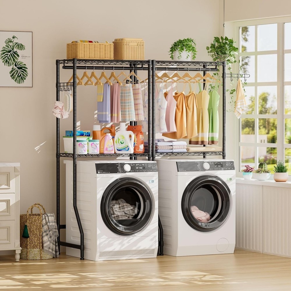 Adjustable 2-Tier Over Washer Shelves - Space-Saving Laundry Organizer in Black