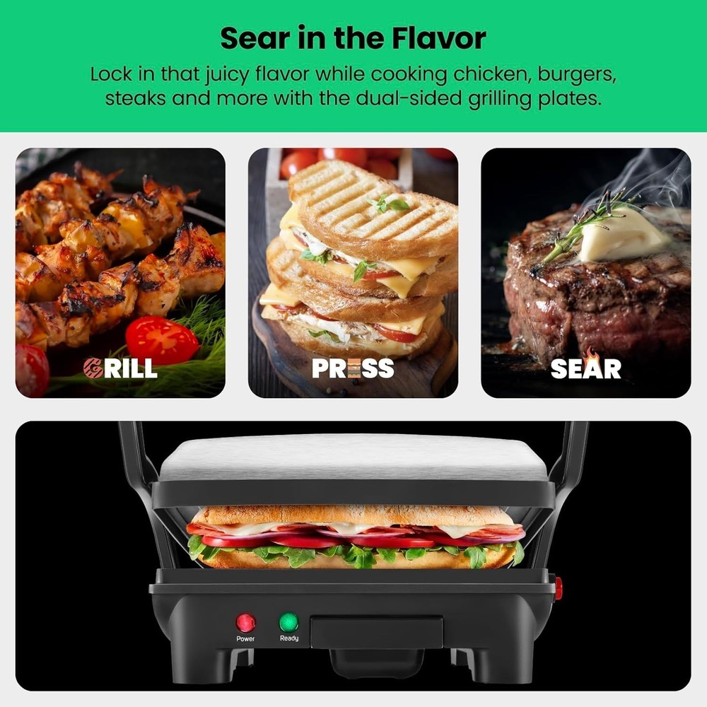 4 Slice Panini Press Grill - Non-Stick Plates, Black