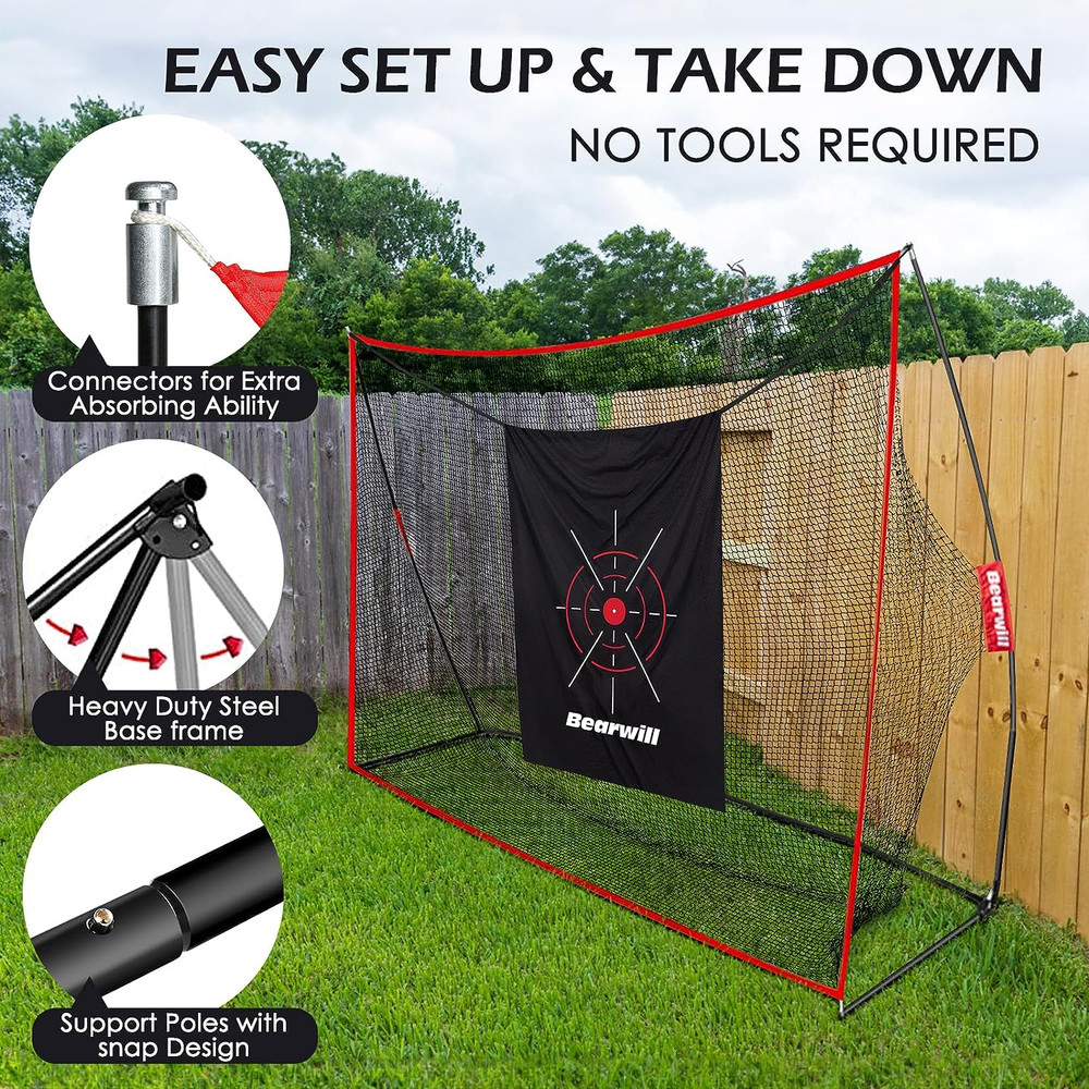 Bearwill Golf Net, 10x7ft Heavy Duty Golf Practice Nets with Mat, Target Cloth,