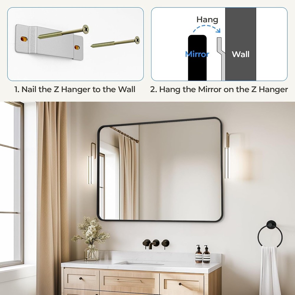 USHOWER 30x40" Black Bathroom Mirror Metal Frame Rectangle Wall Vanity Mirror