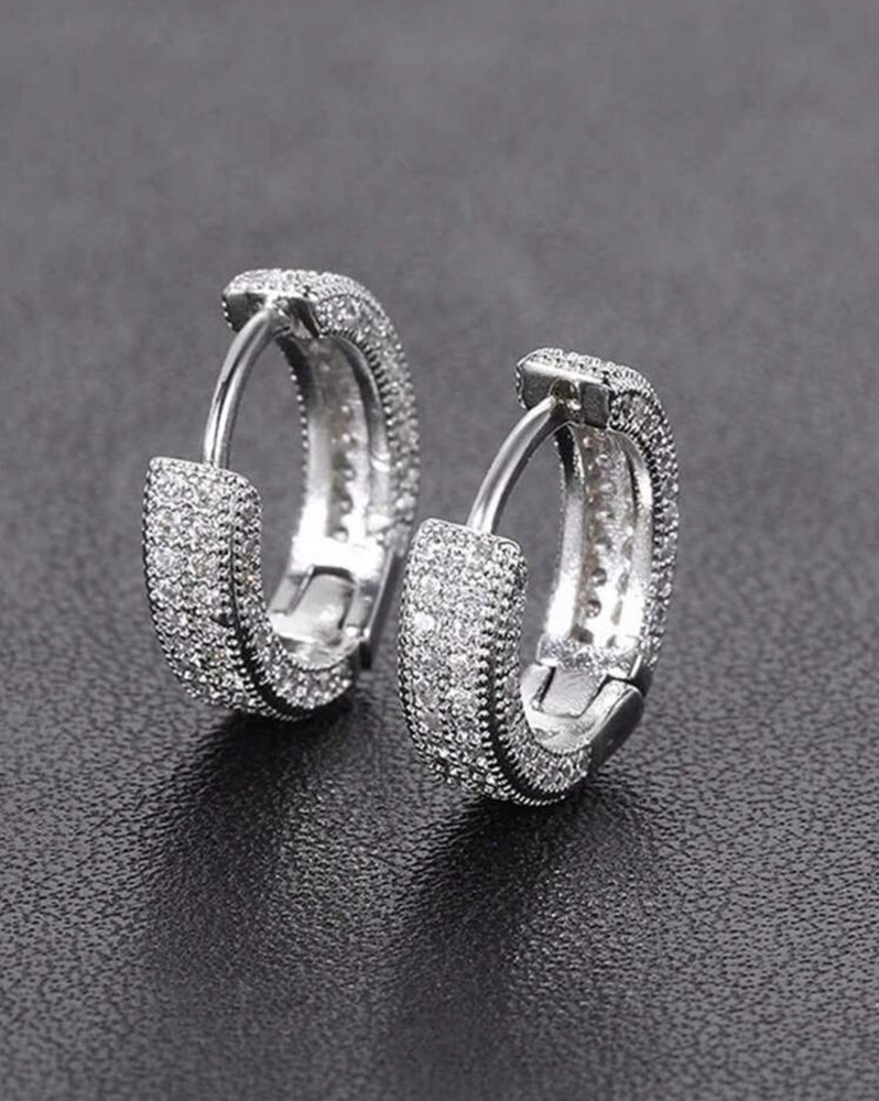 Solid Sterling Silver Diamond Hoop Earrings mens
