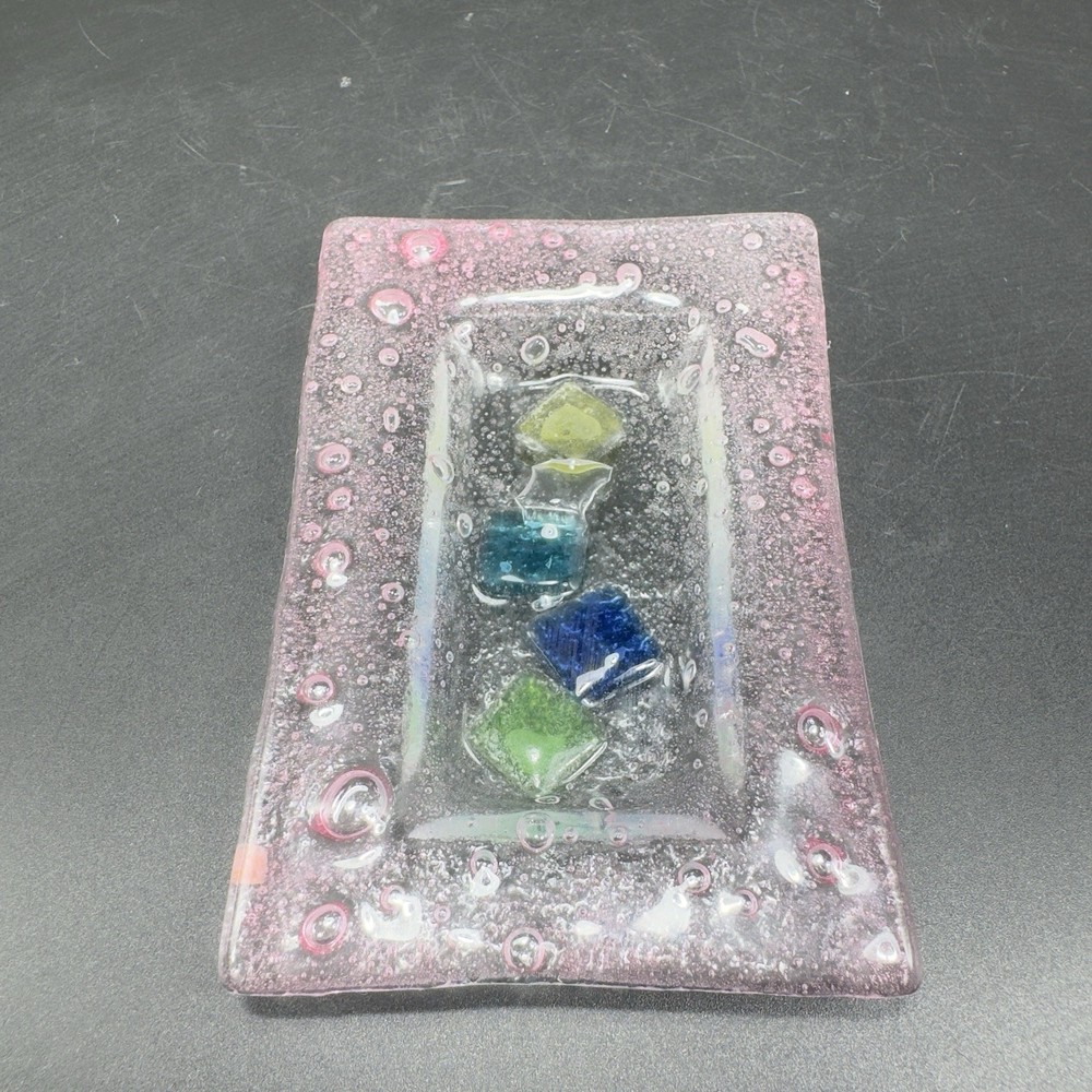 Vintage Hand Made Rectangular Trinket Dish Holder Container Plate Pink Bubbles