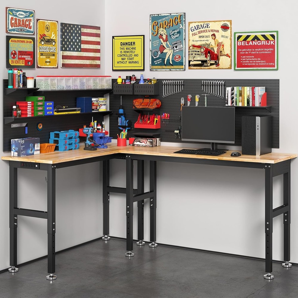 48" Adjustable Work Bench with Power Outlet,Rubber Wood Top Work Table,2000 LBS