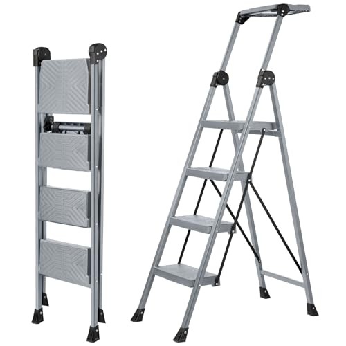 4 Step Ladder, Foldable Step Stool Ladder with Handrails & Tray, 4 step Silver