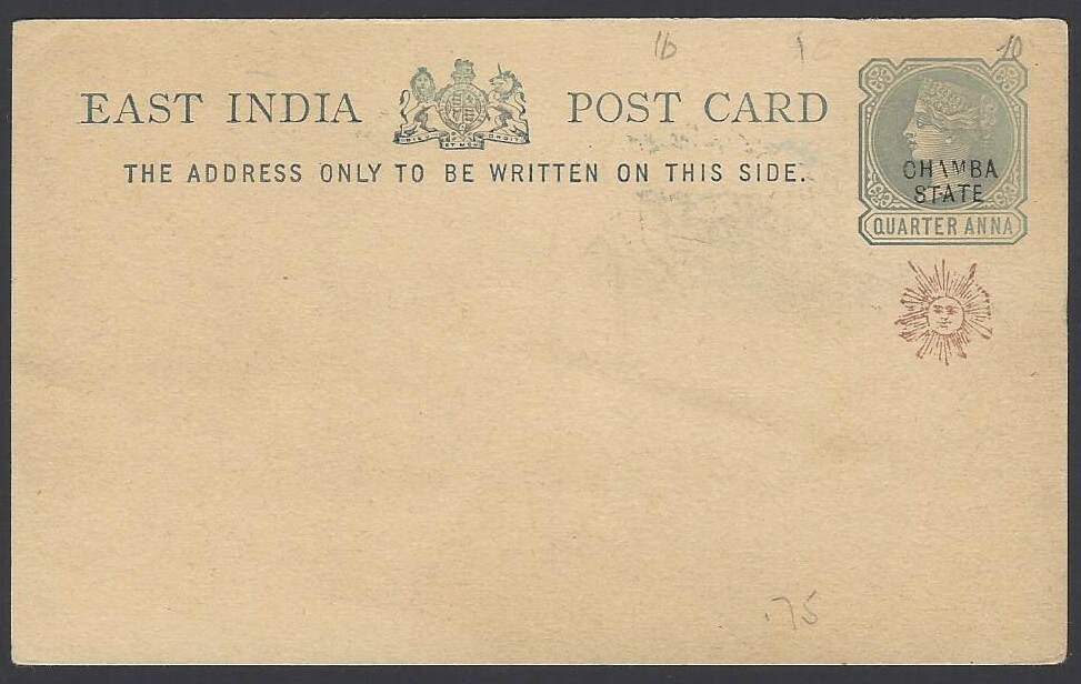 India Chamba State QV 1/4a grey !!! postal card unused