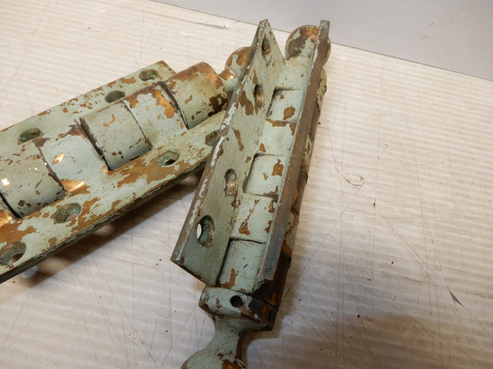 ANTIQUE PAIR LARGE SOLID BRASS SPRING HINGES OLD BLUE PAINT