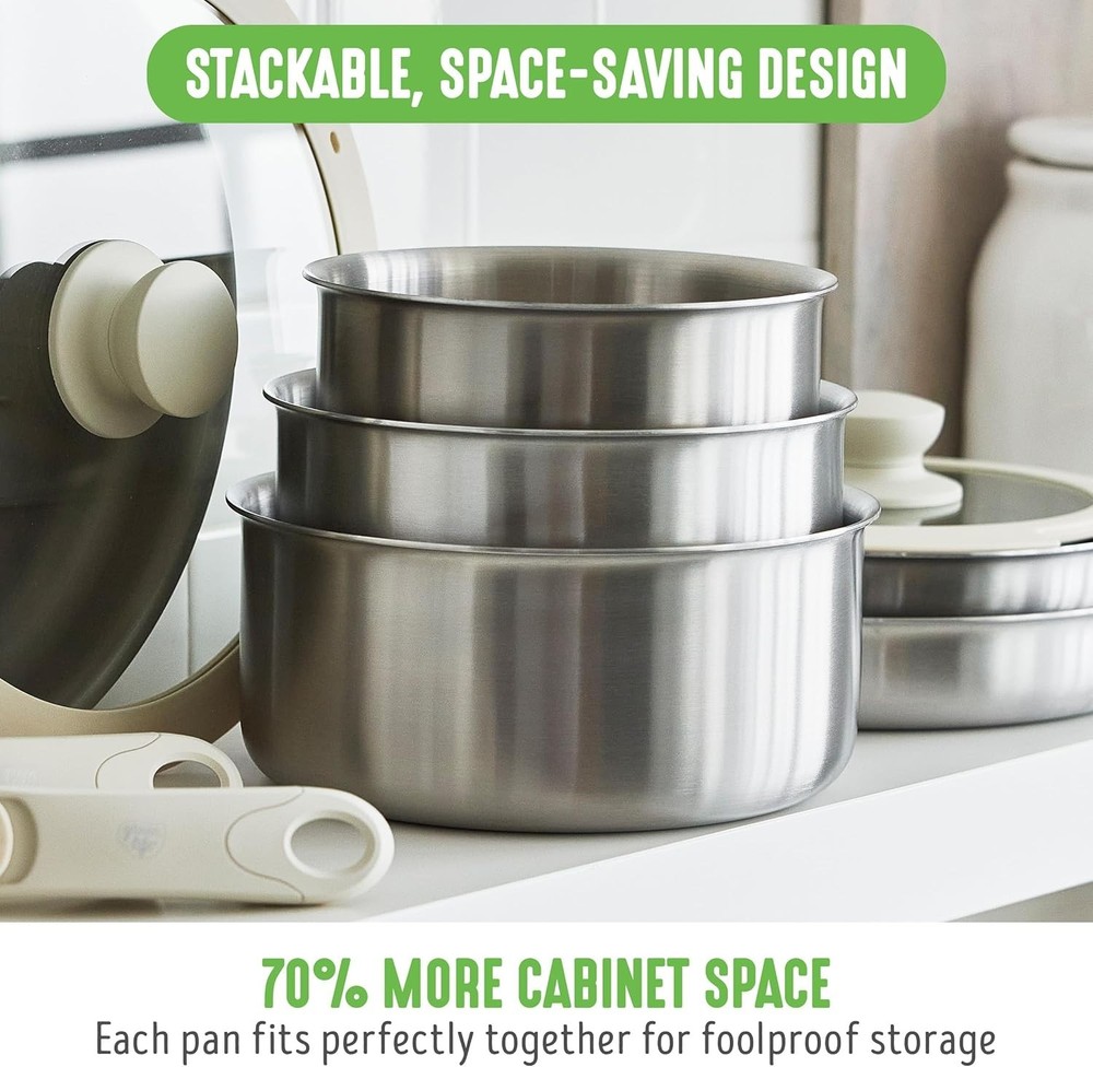 10 Piece Stainless Steel Pots and Pans, Detachable & Stackable Kitchen Set, Tri
