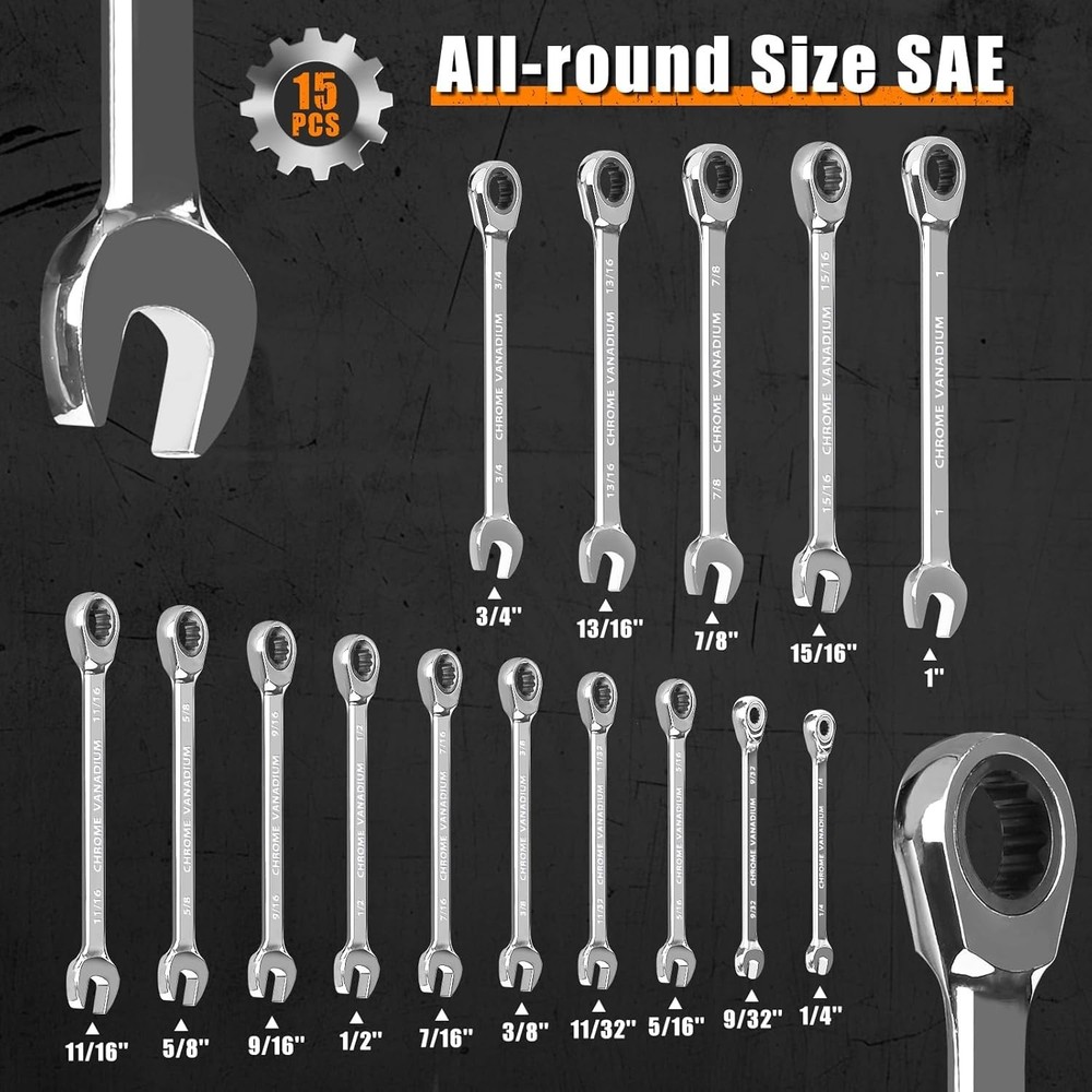 Ultimate 15-Piece SAE Wrench Set for Efficient Work: 72-Tooth & Storage Roll
