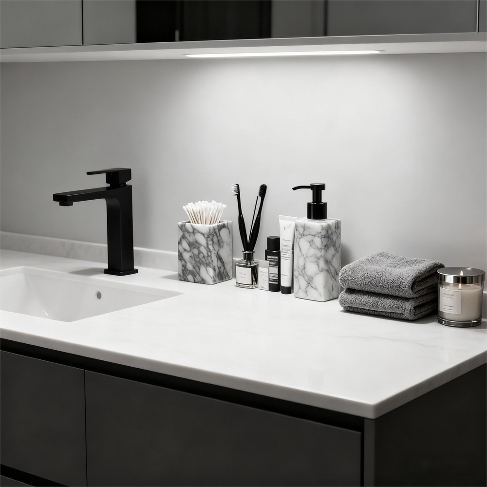 Marble Pen Holder, White Stone Rectangular Desktop Organizer, Office Study Ma...