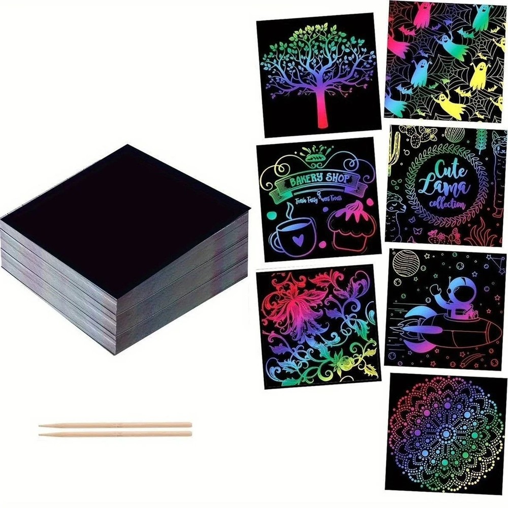 100PCS Scratch Art Paper Set Rainbow Magic Scratch-Off Sheets with 2 Stylus