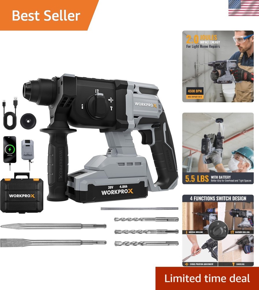 20V Cordless Rotary Hammer Drill with 4 Functions - Lightweight & Powerful