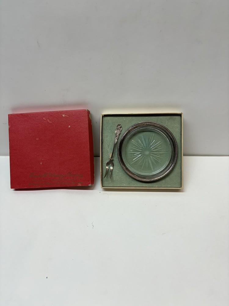 Vintage Frank Whiting. Sterling Glass Coaster & Hors D’oeuvre Fork Original Box.