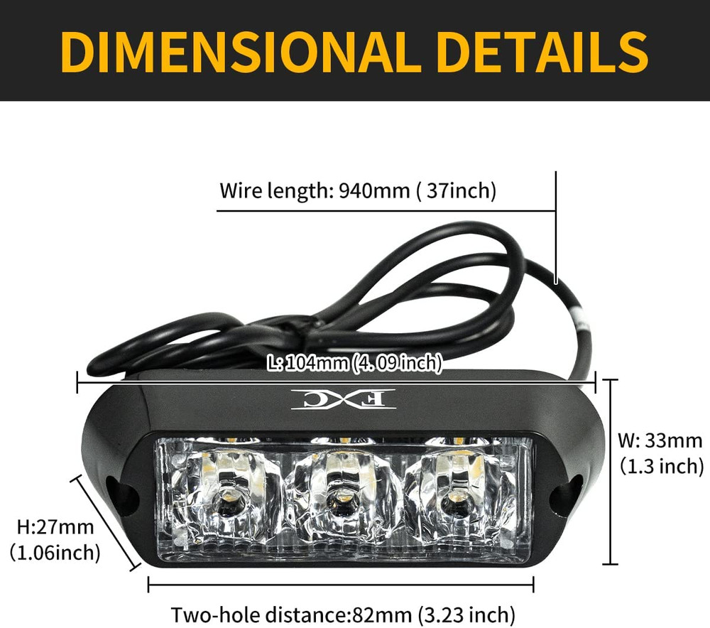 2PCS Amber Waterproof 3-LED Strobe Light Emergency Beacon Flash Lights