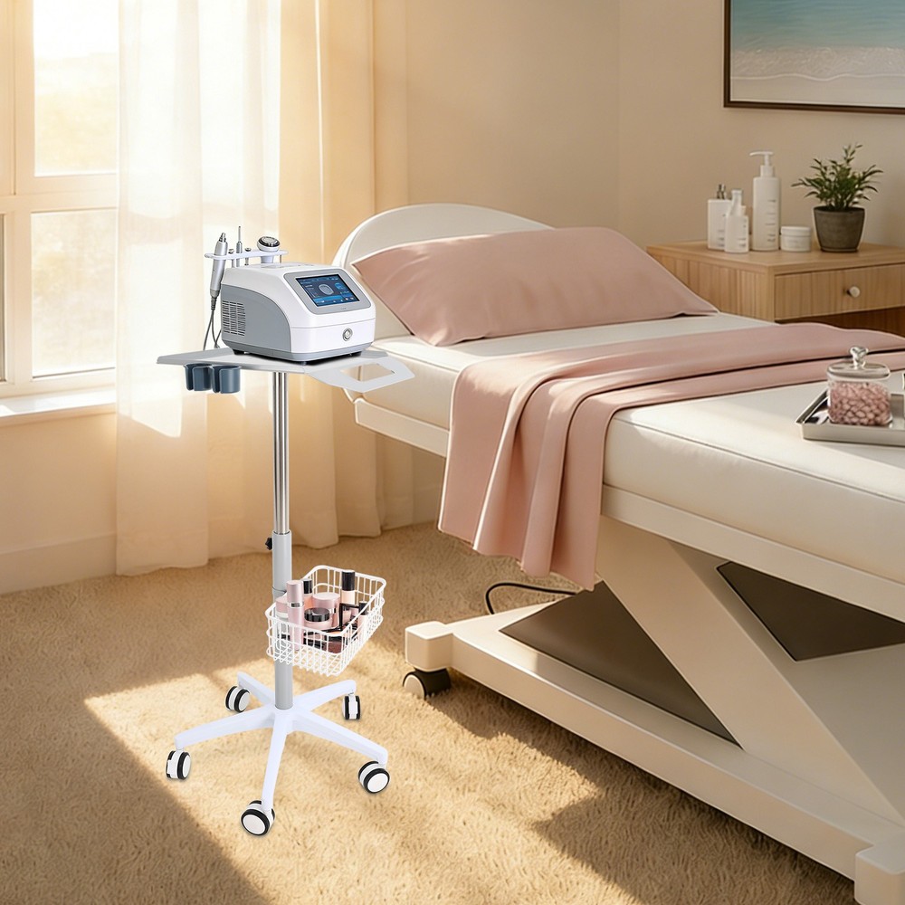Versatile White Medical Cart with Adjustable Height and Ample Storage
