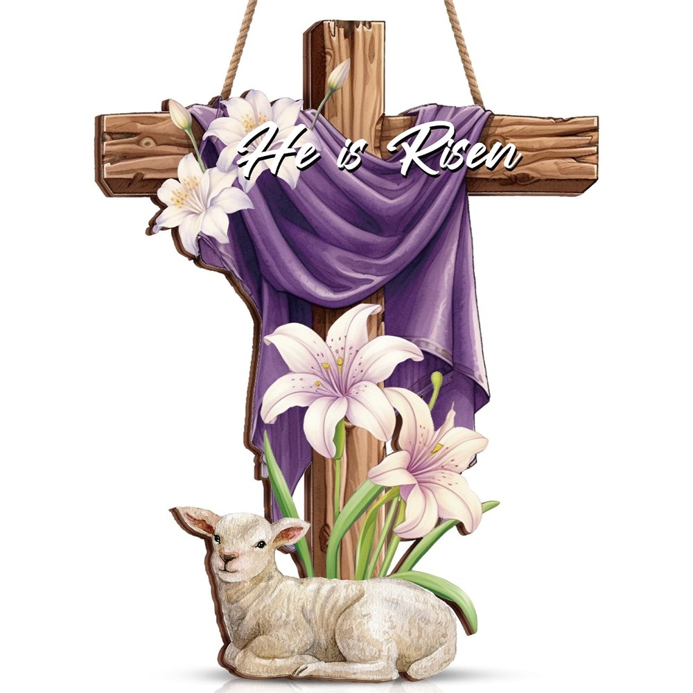 Menkxi Easter Door Sign He is Risen Hanging Decor Religious Cross