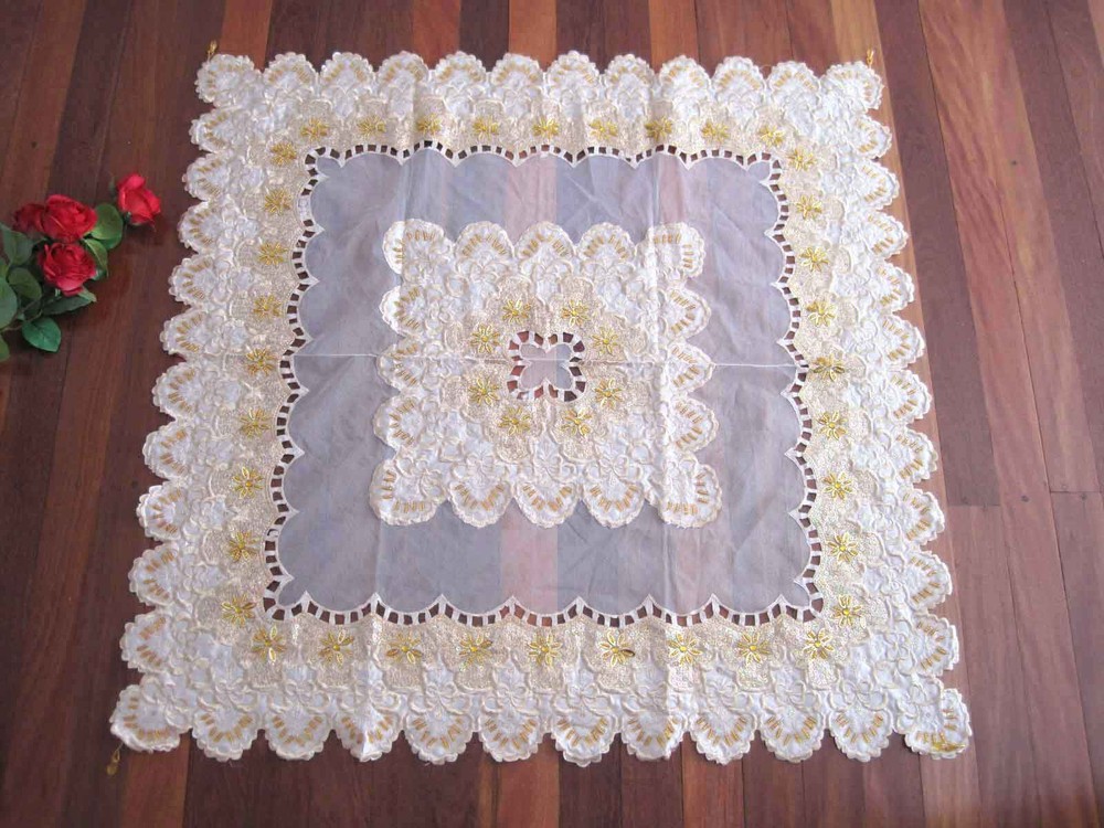CL@Gorgeous Hand Bead Sequin Embroidery Cutwork Ivory Sheer Patch Table Cloth