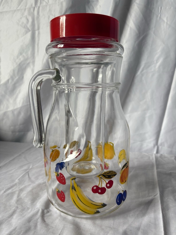 Large Vintage Glass Pitcher with Removable Ice Column | Fruit Pattern