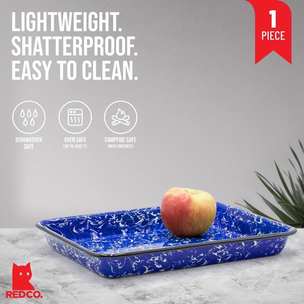 11" x 9" Enameled Steel 2 qt Rectangular Serving Tray, Navy Blue Marble
