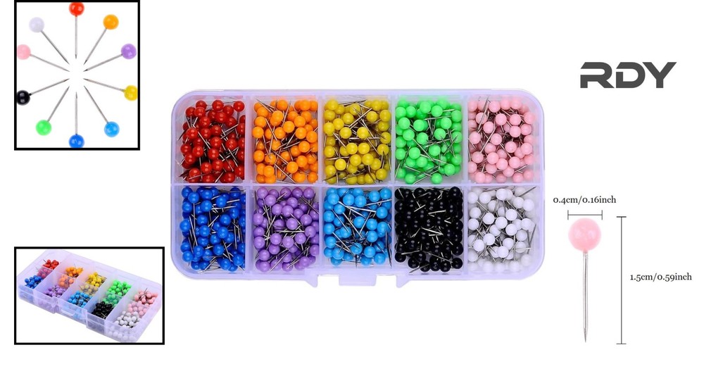 600 Multi-Color Map Tacks in Reconfigurable Container - Organized & Bright