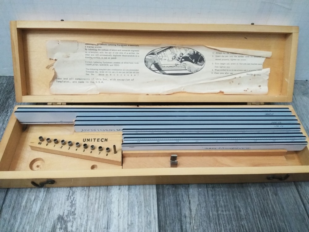 VTG. Lettering Set Drafting Kit Wood Case Templates Unitech Engineering (READ)