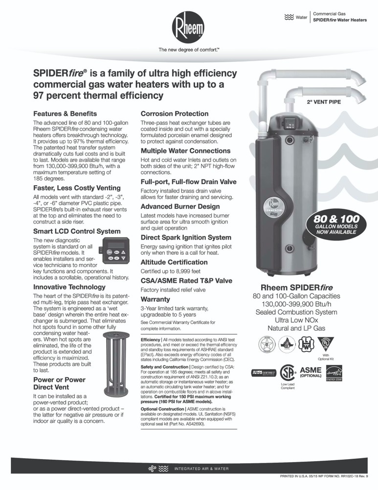 Rheem GHE80ES200PA SpiderFire Commercial Water Heater 80 Gal 200,000 BTU LP ASME