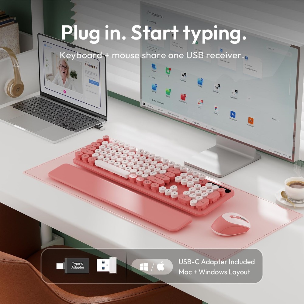 Wireless Keyboard and Mouse Combo, Typewriter Keyboard with Detachable Wrist ...