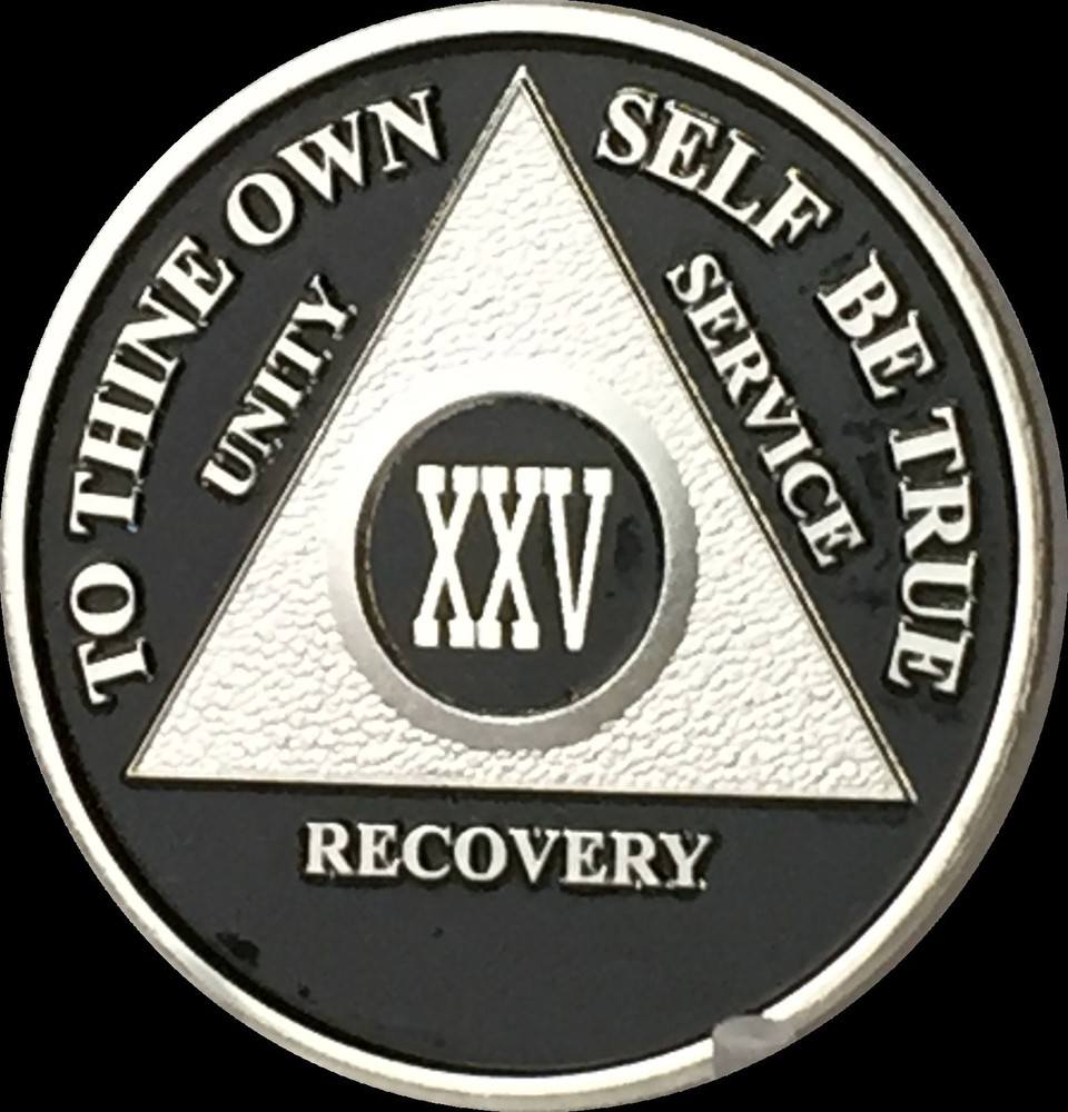 Black & Silver Plated 25 Year AA Chip Alcoholics Anonymous Medallion Twenty Five