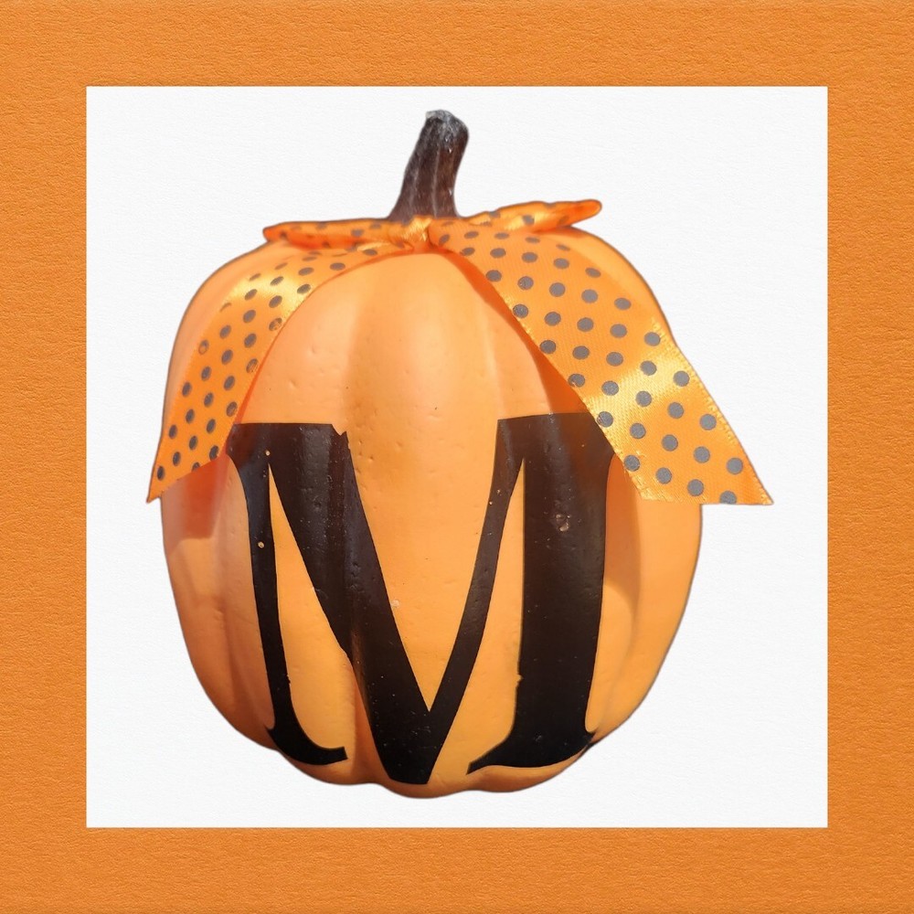 Small Home Decor Pumpkin "M" Initial With Bow 6 Inch Long. Thanksgiving