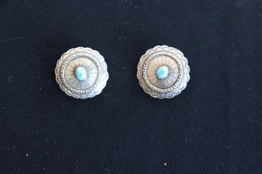 SILVER TOOLED  AND TURQUOISE EARRINGS 1" DIAMETER