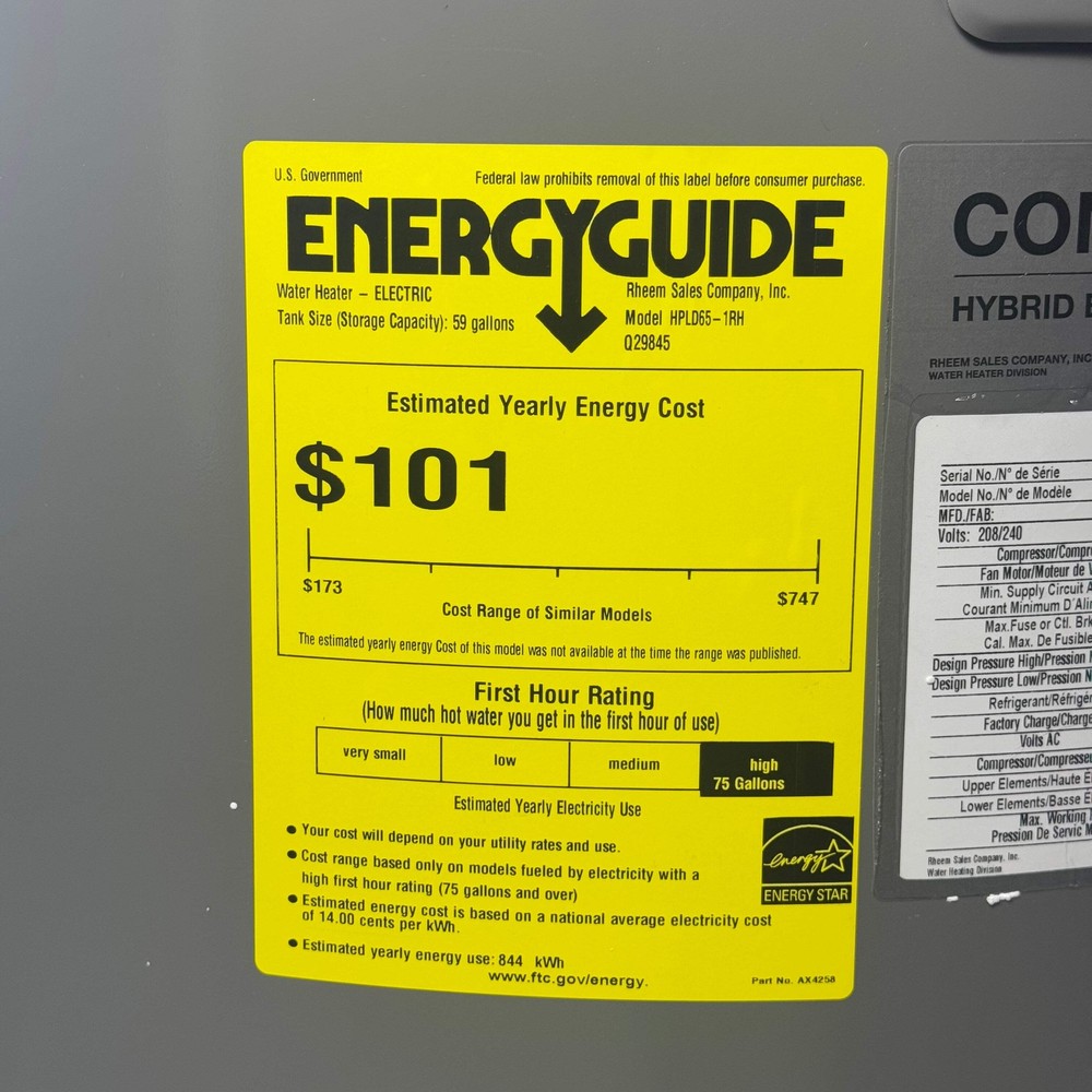RHEEM Hybrid Electric Water Heater Sz 63” H x 24” D Grey HPLD65-1RH