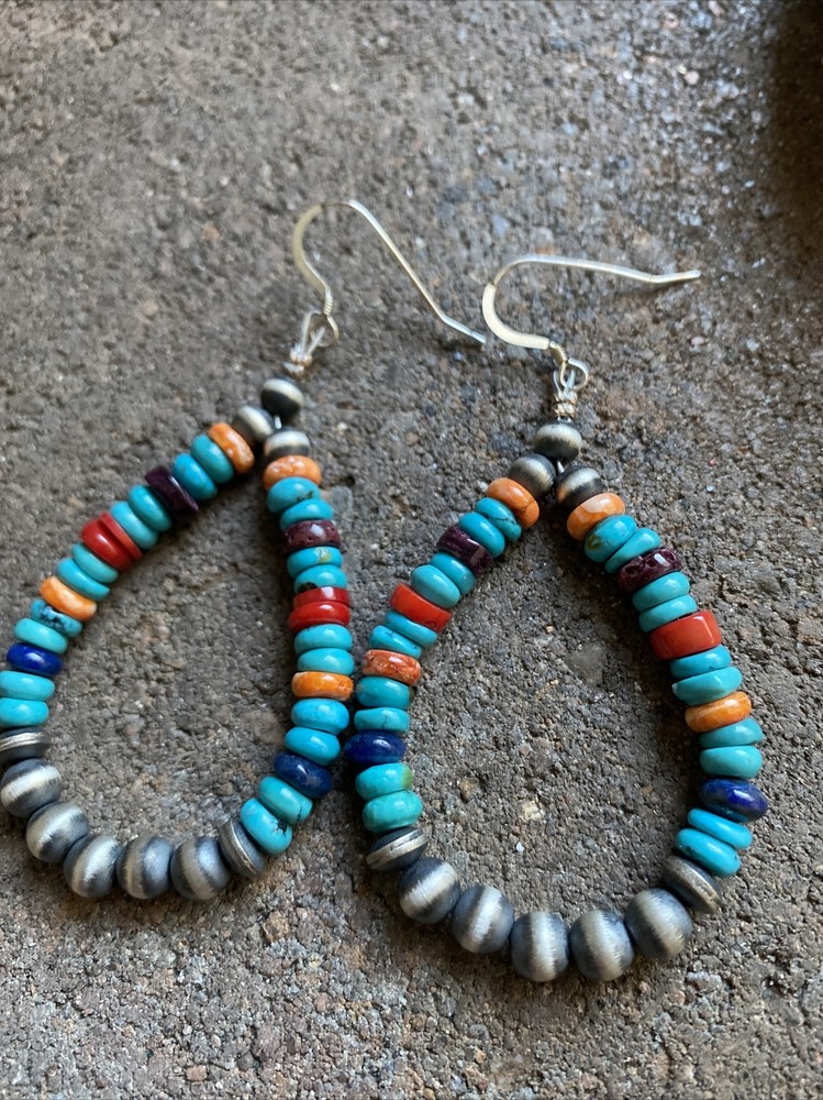 Sterling Silver Multi Stone W Pearls Bead Loop Earrings.
