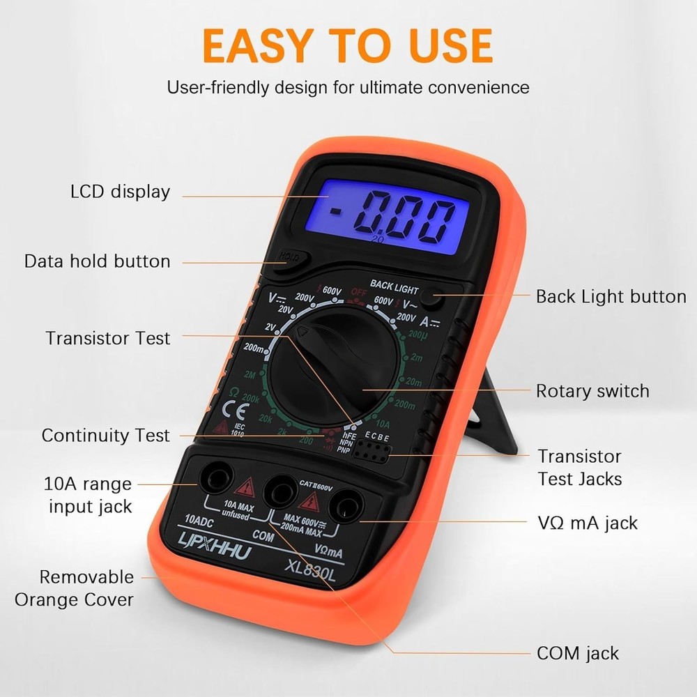 Compact Digital Multimeter with Backlit LCD Display - 2000 Counts for Accurat...