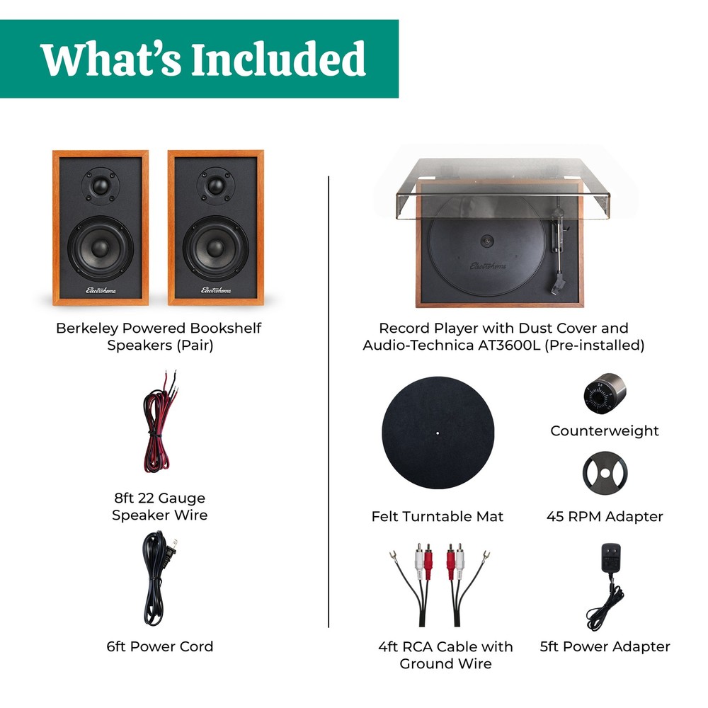 Electrohome Montrose Record Player with Berkeley Powered Bluetooth Speakers Teak