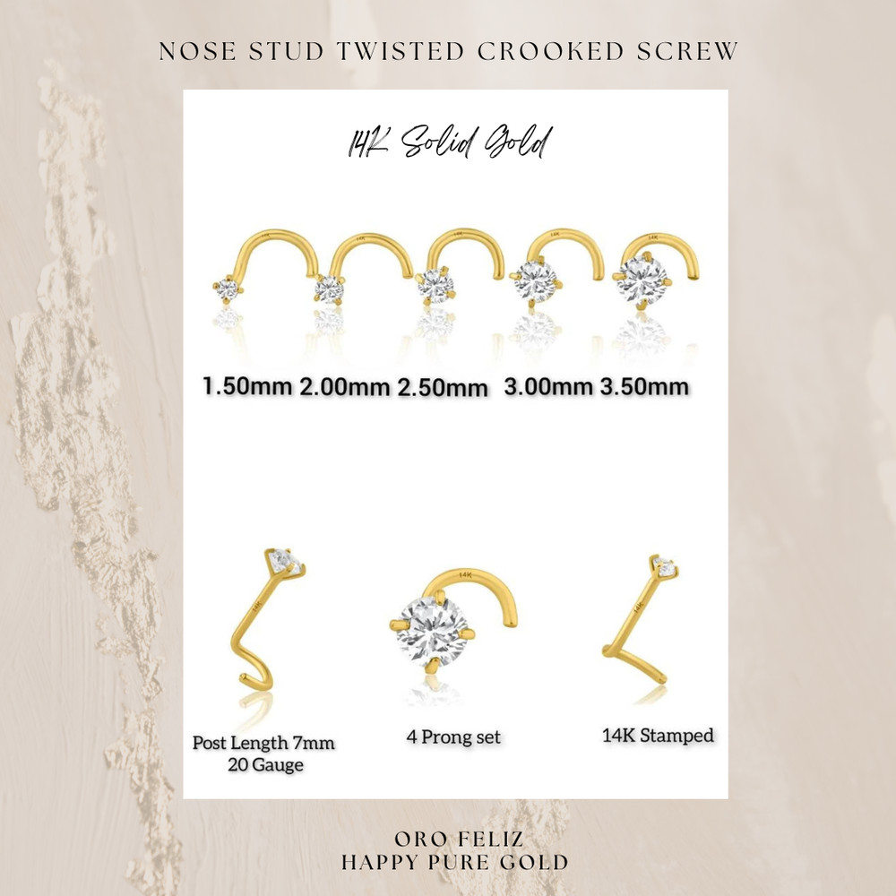 14K Solid Yellow Gold Curve Bar Nose Stud Diamond ,Twist Micro, Nose Screw