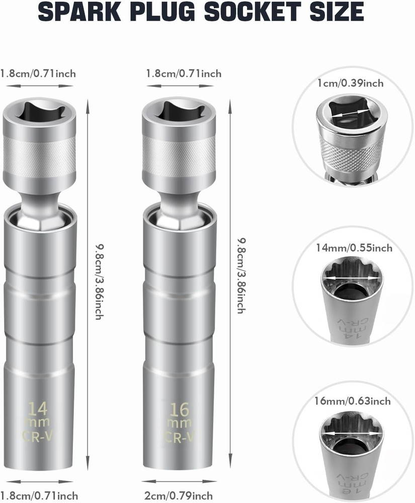 14mm&16mm Spark Plug Socket, 5/8 Spark Plug Socket Swivel for Maximum Flexibilit