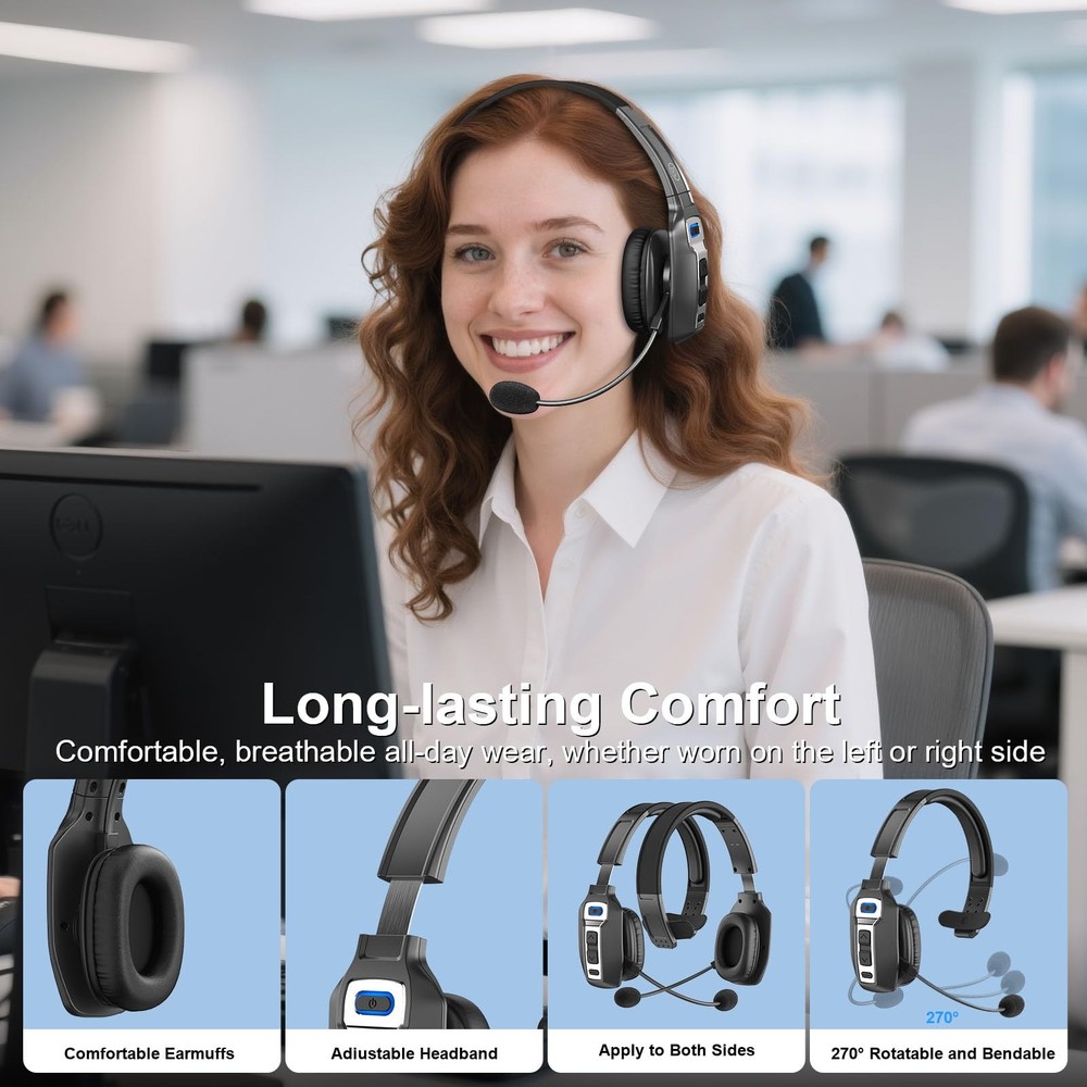 BRAMMAR Trucker Bluetooth Headset with AI Noise Cancellation Large, Black